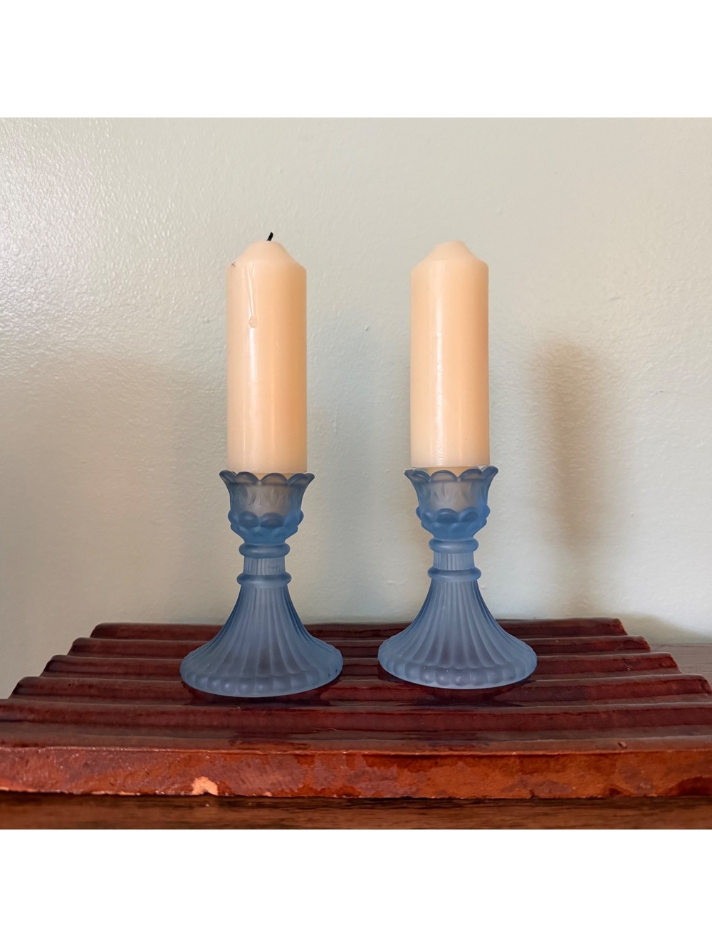 (2) Vintage Indiana Glass frosted blue candlesticks